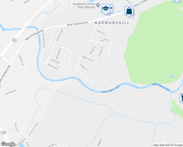 map of restaurants, bars, coffee shops, grocery stores, and more near 14 Meadow Lane in Albany