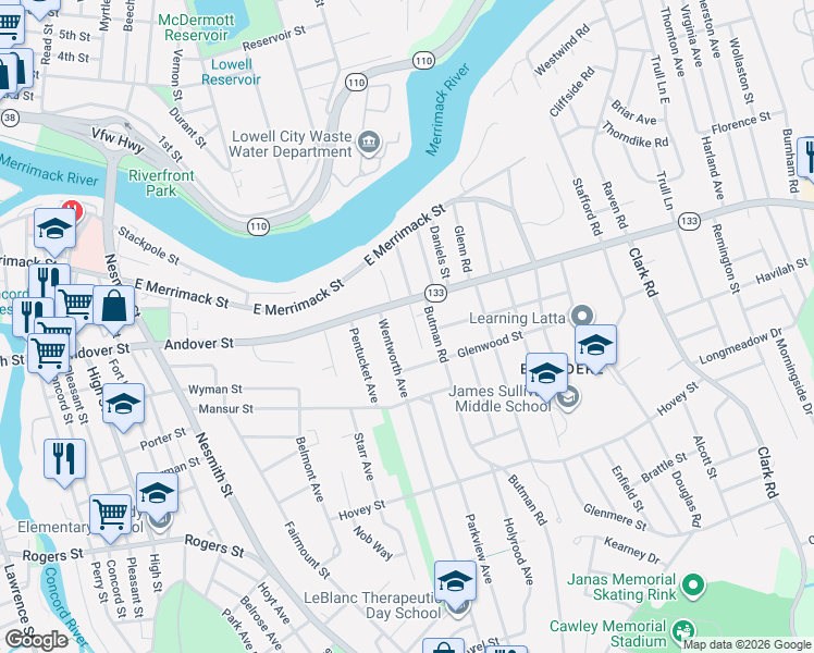 map of restaurants, bars, coffee shops, grocery stores, and more near 43 Guild Street in Lowell