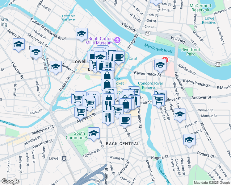 map of restaurants, bars, coffee shops, grocery stores, and more near 21 George Street in Lowell