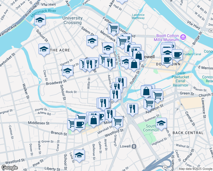 map of restaurants, bars, coffee shops, grocery stores, and more near 116 Fletcher Street in Lowell