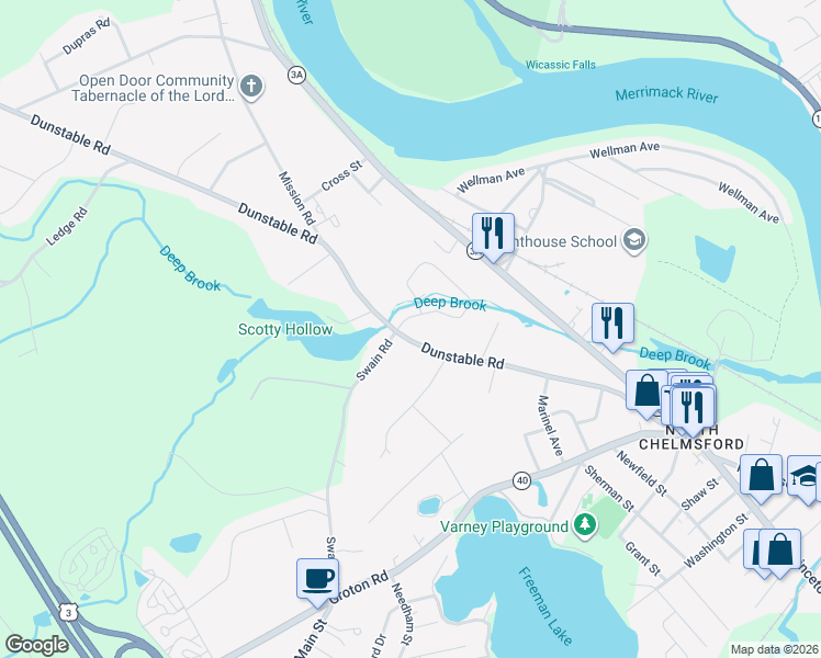 map of restaurants, bars, coffee shops, grocery stores, and more near 128 Dunstable Road in Chelmsford
