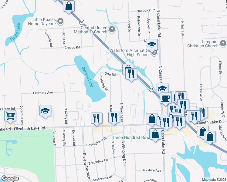 map of restaurants, bars, coffee shops, grocery stores, and more near 180 North Roslyn Road in Waterford Township
