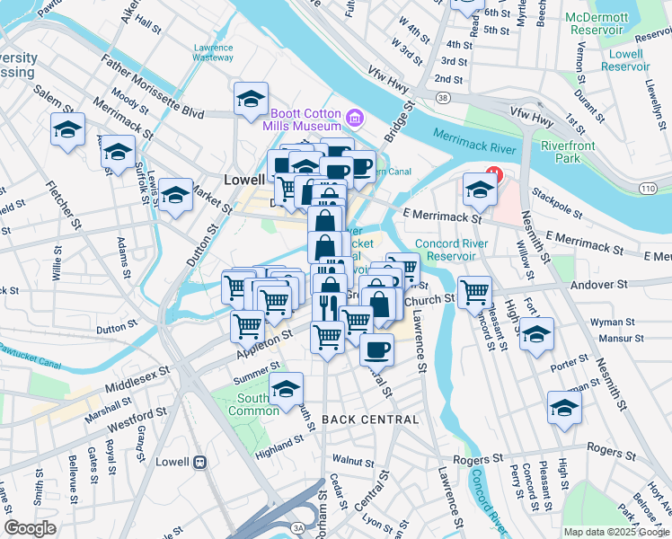 map of restaurants, bars, coffee shops, grocery stores, and more near in Lowell