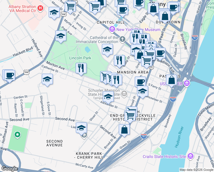 map of restaurants, bars, coffee shops, grocery stores, and more near 78 Morton Avenue in Albany