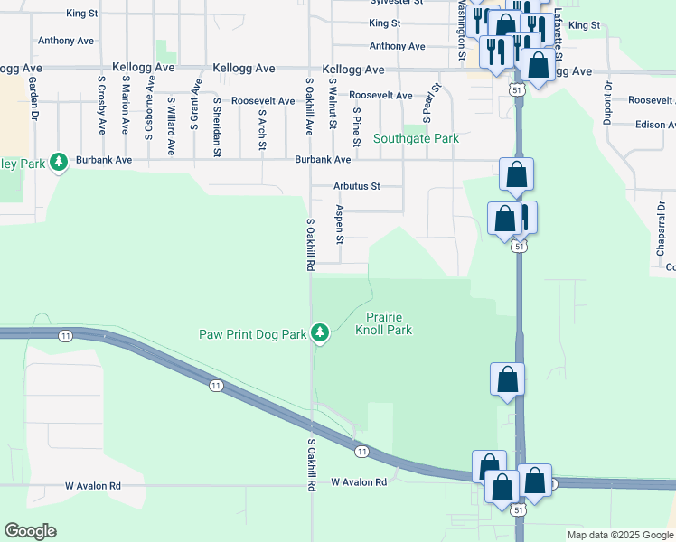 map of restaurants, bars, coffee shops, grocery stores, and more near 2524 Aspen Street in Janesville