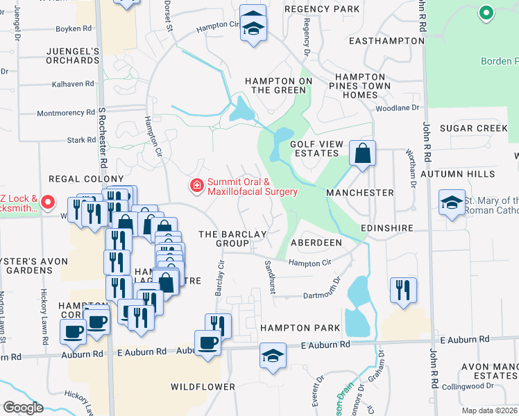 map of restaurants, bars, coffee shops, grocery stores, and more near 629 Ashley Circle in Rochester Hills