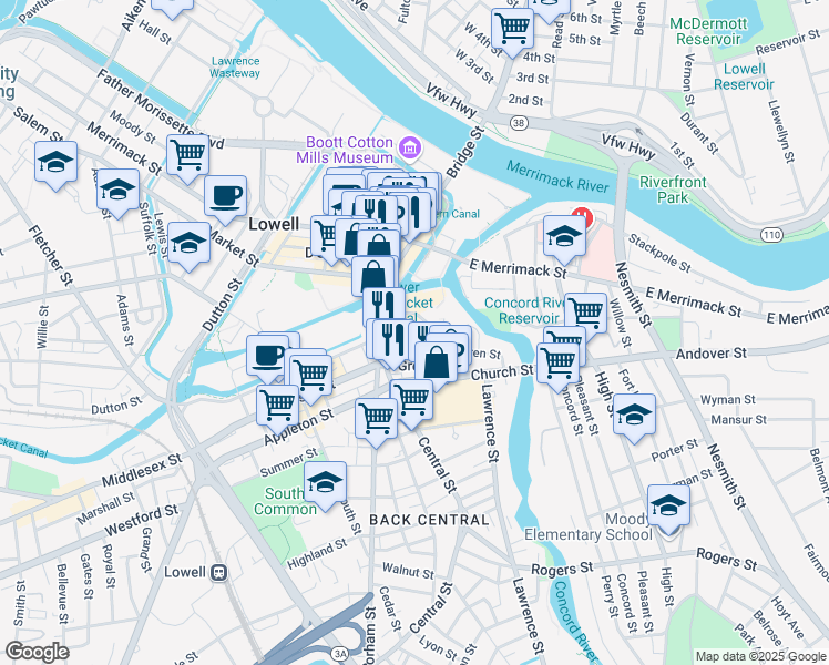 map of restaurants, bars, coffee shops, grocery stores, and more near in Lowell