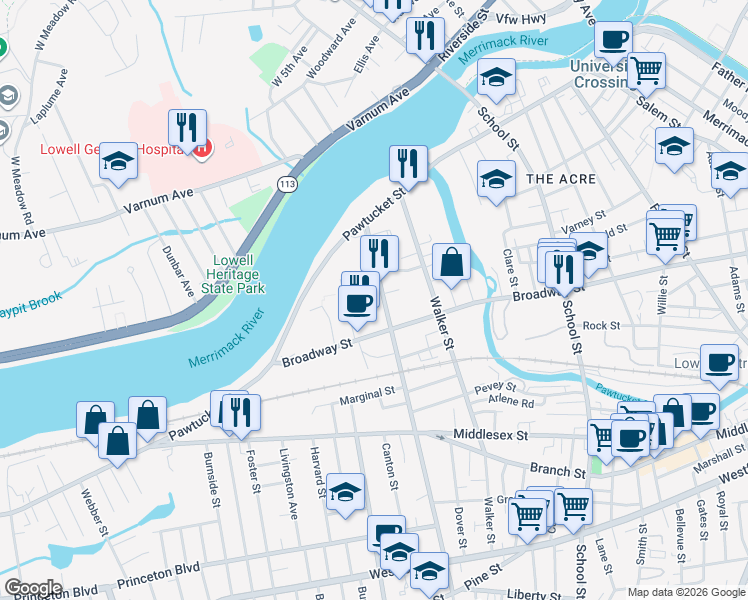 map of restaurants, bars, coffee shops, grocery stores, and more near 71 Wilder Street in Lowell