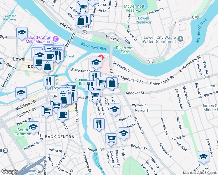 map of restaurants, bars, coffee shops, grocery stores, and more near 90 Chestnut Street in Lowell