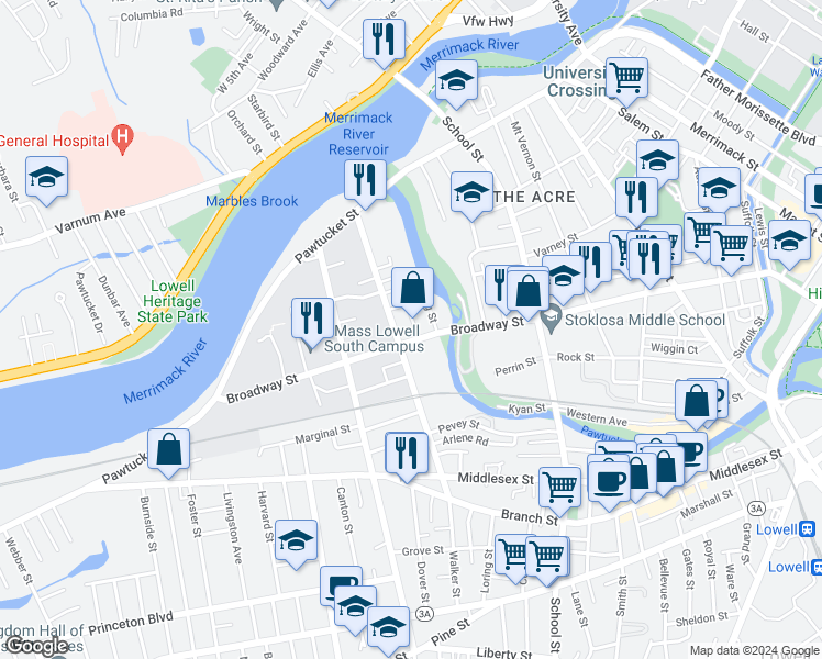 map of restaurants, bars, coffee shops, grocery stores, and more near 46 Shaffer Street in Lowell