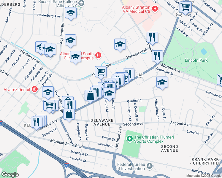 map of restaurants, bars, coffee shops, grocery stores, and more near 26 Summit Avenue in Albany