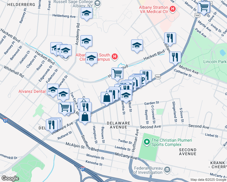map of restaurants, bars, coffee shops, grocery stores, and more near 39 Summit Avenue in Albany