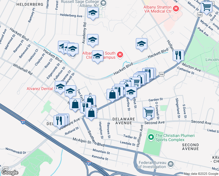 map of restaurants, bars, coffee shops, grocery stores, and more near 80 Hackett Boulevard in Albany