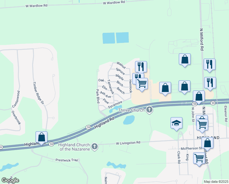 map of restaurants, bars, coffee shops, grocery stores, and more near 143-175 Tamarack in Highland