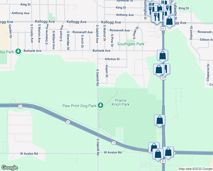 map of restaurants, bars, coffee shops, grocery stores, and more near 2524 Aspen Street in Janesville