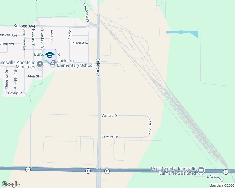 map of restaurants, bars, coffee shops, grocery stores, and more near 305 East Burbank Avenue in Janesville