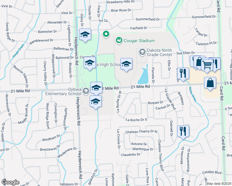 map of restaurants, bars, coffee shops, grocery stores, and more near 20979-21005 21 Mile Road in Macomb