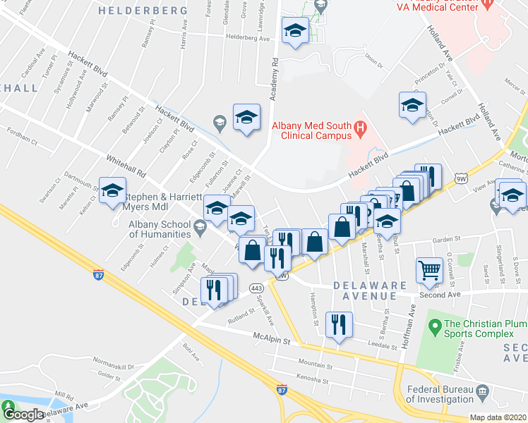 map of restaurants, bars, coffee shops, grocery stores, and more near 47 Ten Eyck Avenue in Albany