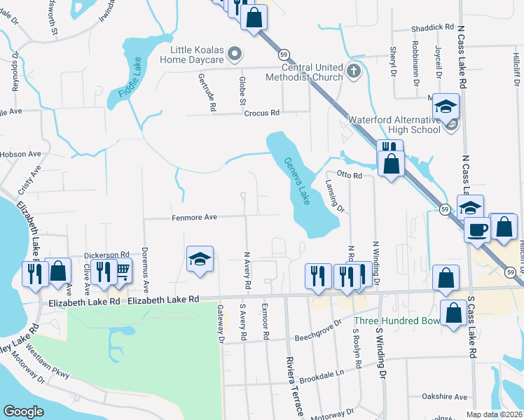 map of restaurants, bars, coffee shops, grocery stores, and more near 250 Madeleine Lane in Waterford Township