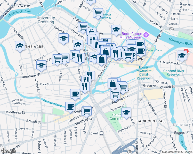 map of restaurants, bars, coffee shops, grocery stores, and more near 305 Dutton Street in Lowell