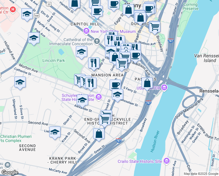 map of restaurants, bars, coffee shops, grocery stores, and more near 150 Grand Street in Albany