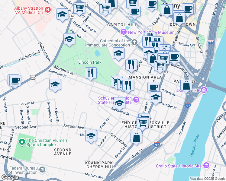 map of restaurants, bars, coffee shops, grocery stores, and more near in Albany
