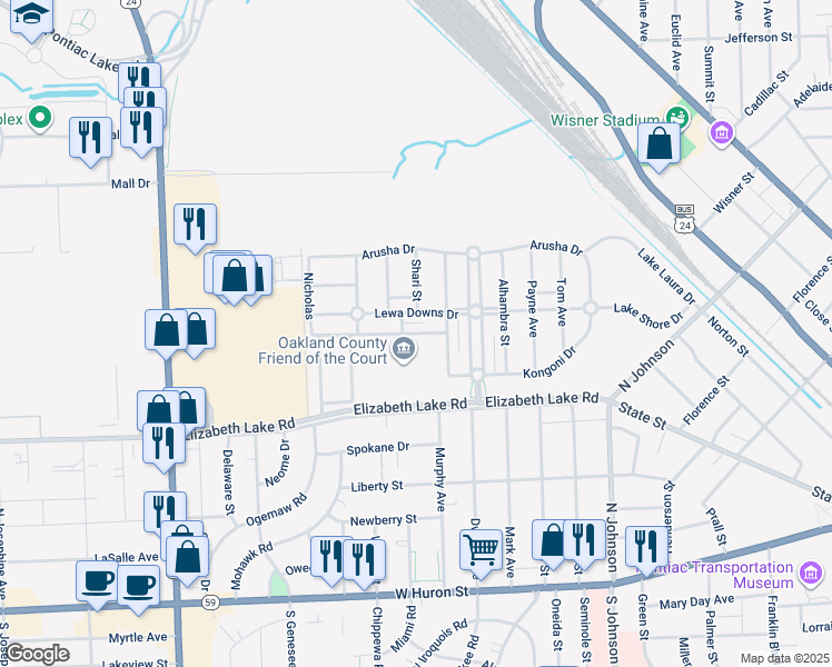 map of restaurants, bars, coffee shops, grocery stores, and more near 636 Lydia Lane in Pontiac