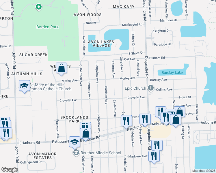 map of restaurants, bars, coffee shops, grocery stores, and more near 1670 Morley Avenue in Rochester Hills