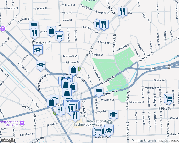map of restaurants, bars, coffee shops, grocery stores, and more near 85 Moreland Avenue in Pontiac