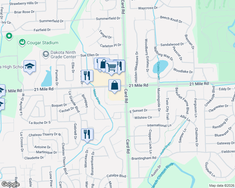 map of restaurants, bars, coffee shops, grocery stores, and more near 21649 21 Mile Road in Macomb