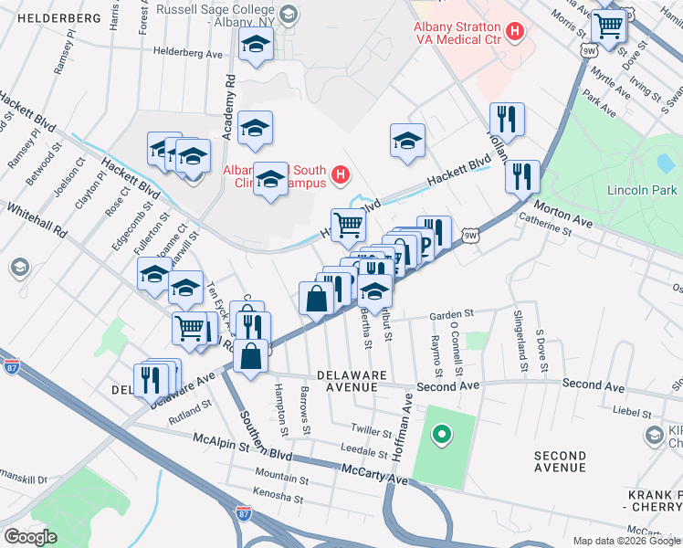 map of restaurants, bars, coffee shops, grocery stores, and more near 39 Summit Avenue in Albany