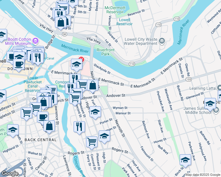 map of restaurants, bars, coffee shops, grocery stores, and more near 26 Park Street in Lowell