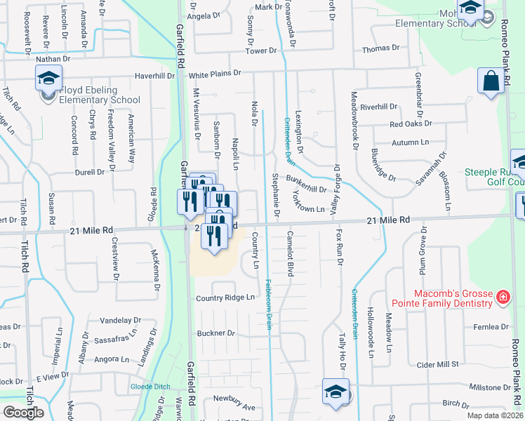 map of restaurants, bars, coffee shops, grocery stores, and more near 47142 Sarnus Drive in Macomb