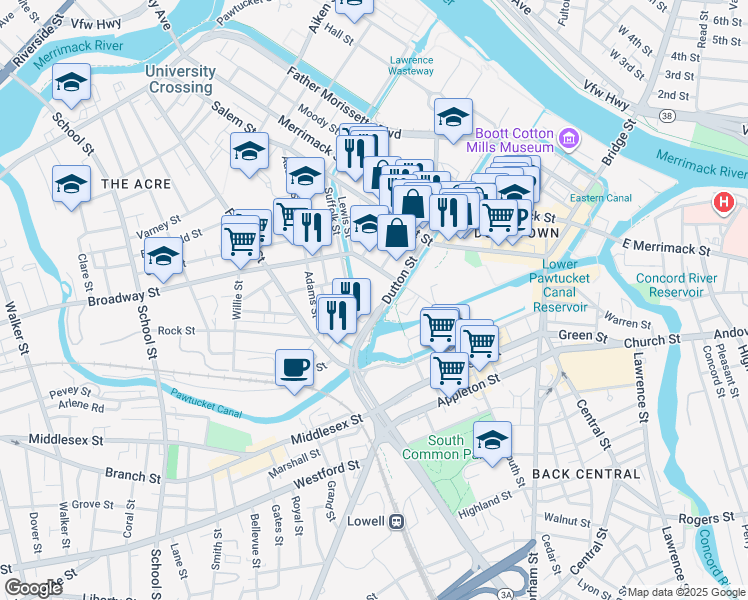 map of restaurants, bars, coffee shops, grocery stores, and more near 305 Dutton Street in Lowell