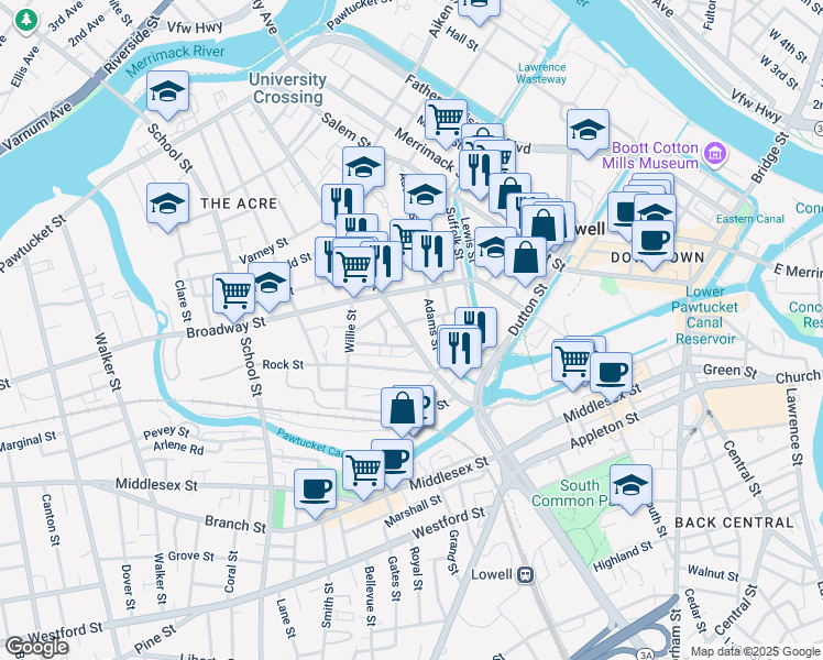 map of restaurants, bars, coffee shops, grocery stores, and more near 203 Fletcher Street in Lowell