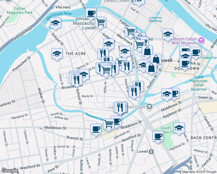 map of restaurants, bars, coffee shops, grocery stores, and more near 32 Brooks Street in Lowell
