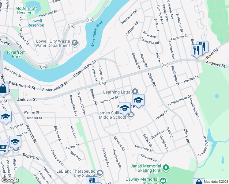map of restaurants, bars, coffee shops, grocery stores, and more near 118 Frothingham Street in Lowell