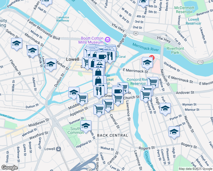 map of restaurants, bars, coffee shops, grocery stores, and more near in Lowell