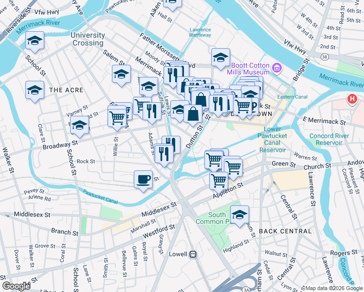map of restaurants, bars, coffee shops, grocery stores, and more near 305 Dutton Street in Lowell