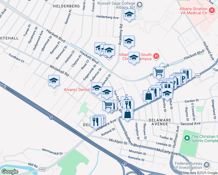 map of restaurants, bars, coffee shops, grocery stores, and more near 63 Ten Eyck Avenue in Albany