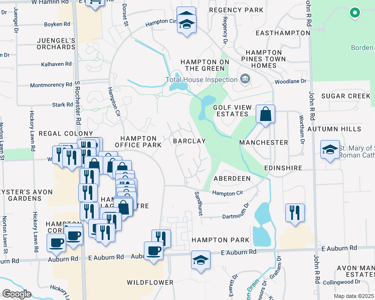 map of restaurants, bars, coffee shops, grocery stores, and more near 629 Ashley Circle in Rochester Hills