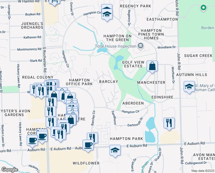 map of restaurants, bars, coffee shops, grocery stores, and more near 629 Ashley Circle in Rochester Hills