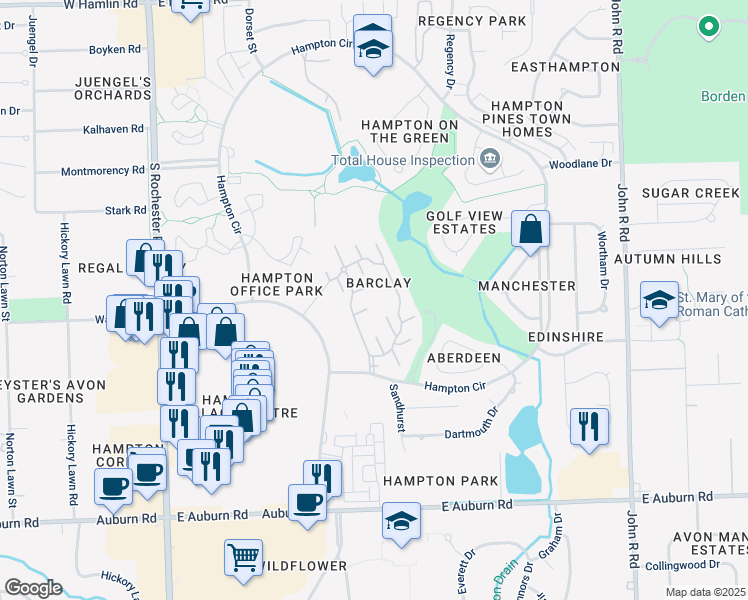 map of restaurants, bars, coffee shops, grocery stores, and more near 629 Ashley Circle in Rochester Hills