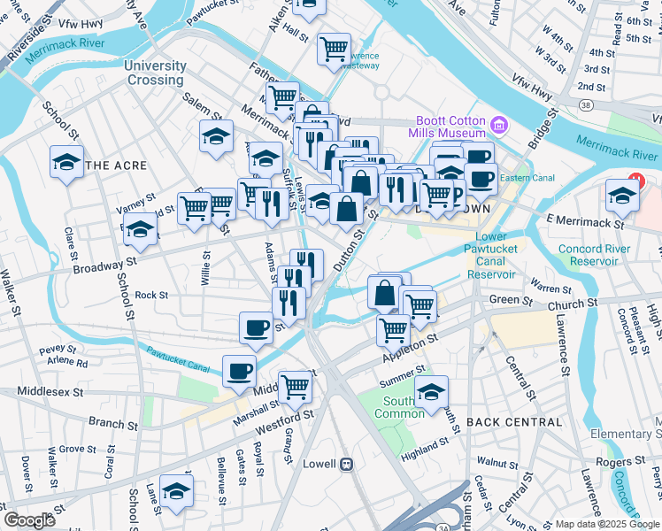 map of restaurants, bars, coffee shops, grocery stores, and more near 305 Dutton Street in Lowell