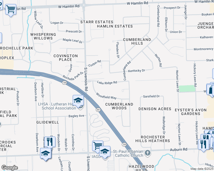 map of restaurants, bars, coffee shops, grocery stores, and more near 727 Lake Ridge Road in Rochester Hills
