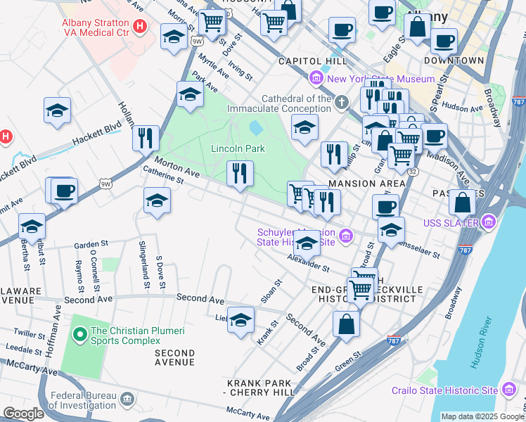map of restaurants, bars, coffee shops, grocery stores, and more near 120 Catherine Street in Albany