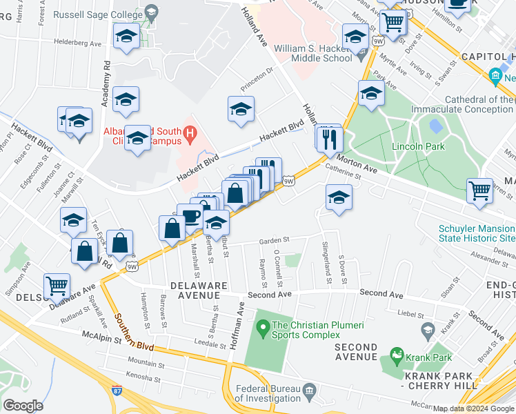 map of restaurants, bars, coffee shops, grocery stores, and more near 267 New York 443 in Albany