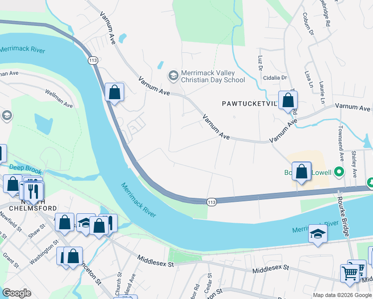 map of restaurants, bars, coffee shops, grocery stores, and more near 73 Fowler Road in Lowell
