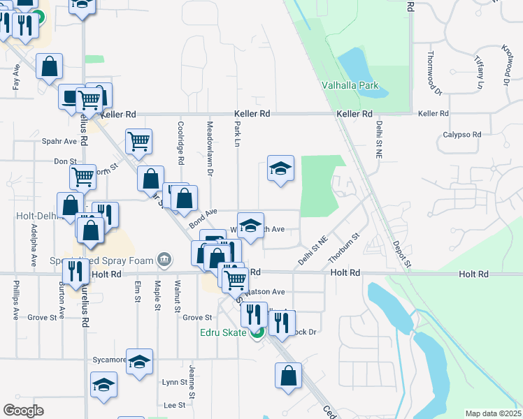 map of restaurants, bars, coffee shops, grocery stores, and more near 4242 Bond Avenue in Delhi charter Township