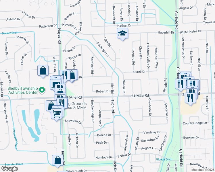 map of restaurants, bars, coffee shops, grocery stores, and more near 15875 Jennifer Drive in Macomb